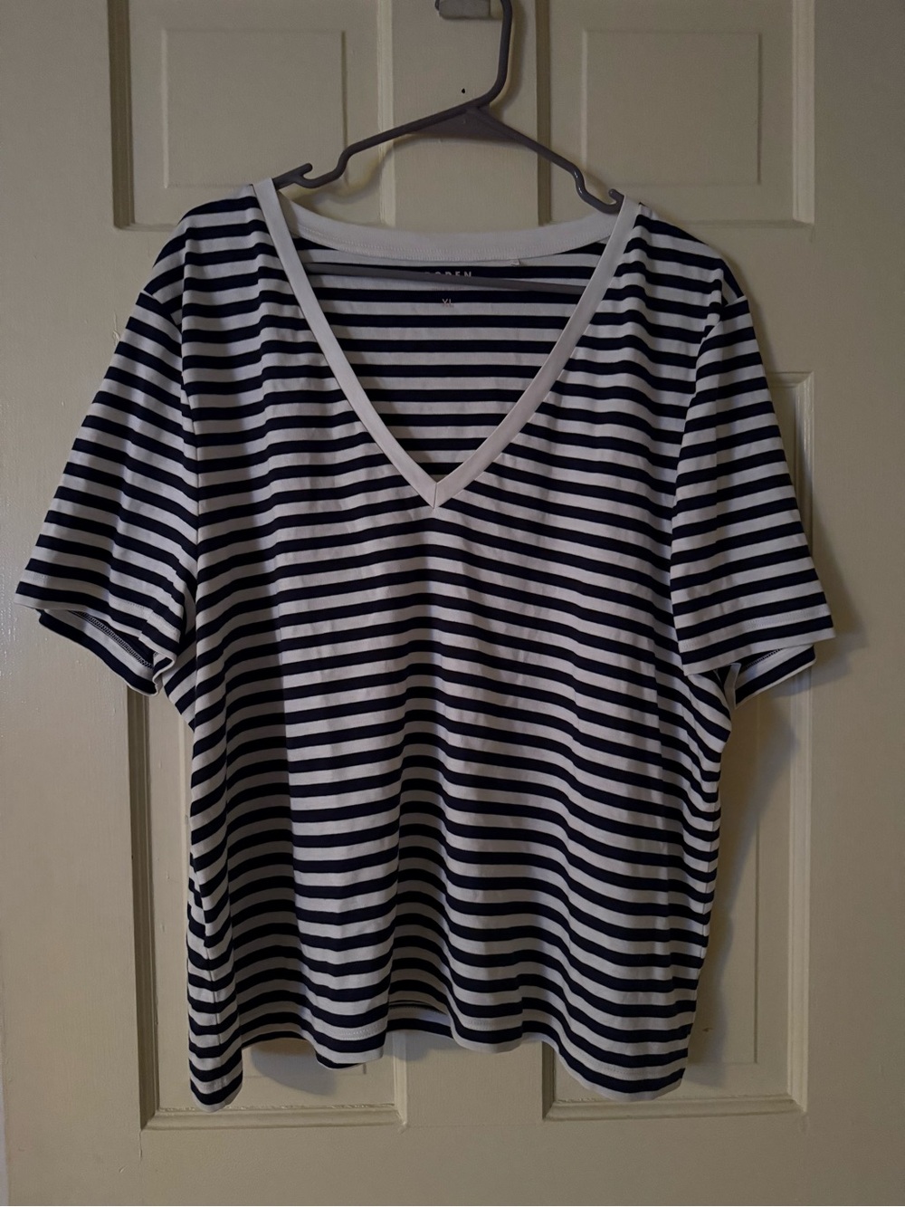 Boden Navy & White Striped V-Neck Short Sleeve Tee